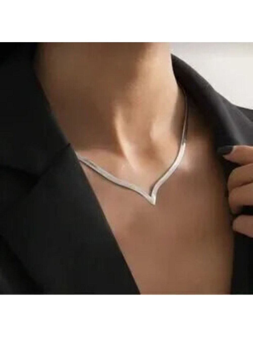 Silver Stainless Steel V Choker Necklace - Structured Minimal Statement Dainty